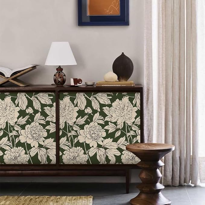 Peel and Stick Wallpaper Contact Paper for Cabinets Drawers Green Beige Floral Flower Vintage Design 17.5x500in Self Adhesive Wall Removable Desk Bedroom Moody Renter Friendly Modern