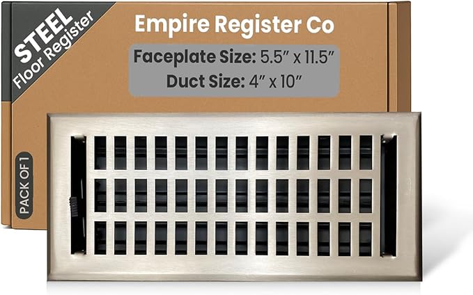 Empire Register Co, Decorative Air Vent Covers - 4x10 inch, Modern Contemporary Design, Brushed Nickel Finish, Heavy Duty Walkable Floor Register, Metal Damper Attached