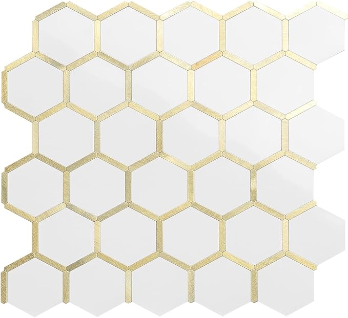 DICOFUN 1 Sheet Hexagon Peel and Stick Backsplash Tile, Polished Marble Look Mixed Light Gold Kitchen Backsplash Peel and Stick Wall Tiles