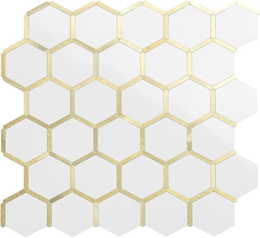 DICOFUN 1 Sheet Hexagon Peel and Stick Backsplash Tile, Polished Marble Look Mixed Light Gold Kitchen Backsplash Peel and Stick Wall Tiles