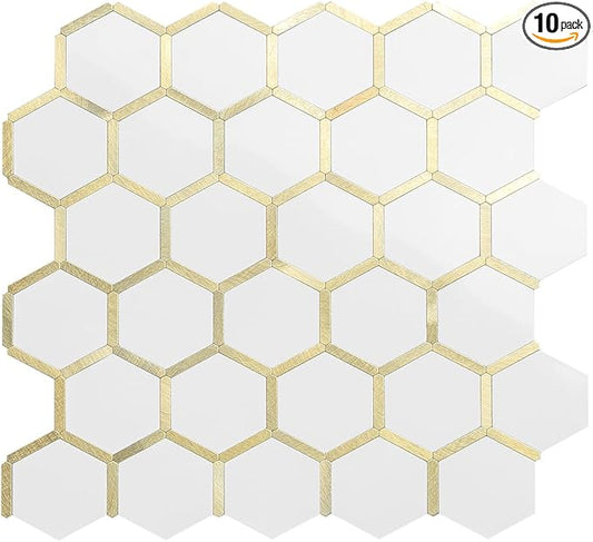 DICOFUN 10-Sheet Hexagon Peel and Stick Backsplash Tile, Polished White Tile Look Mixed Light Gold Kitchen Backsplash Peel and Stick Wall Tiles