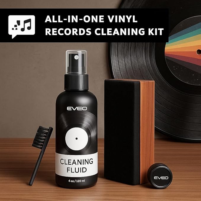 EVEO Vinyl Record Cleaning Kit - 4in1 Vinyl Record Cleaner Kit for Vinyl Records Albums. Vinyl Cleaner Includes XL Record Brush, Cleaning Liquid (4oz), Duster & Stylus Cleaning Gel - Archival Standard