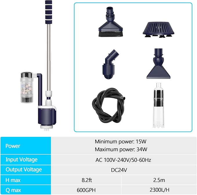 AQQA DC Fish Tank Cleaner, Electric Aquarium Water Changer with 6-in-1 Cleaning Heads & 3-Stage Filter Cup – Stainless Steel Handle Gravel Vacuum for Fish & Turtle Tanks, Adjustable Flow 34W 600GPH