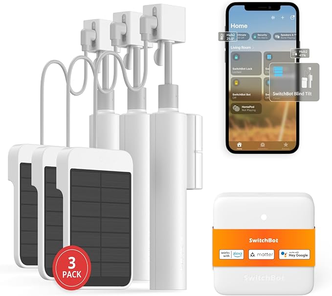 SwitchBot Smart Electric Motorized Blinds Kit with Hub Mini Matter-2.4G WiFi Remote Control, Solar Powered, Compatible with Alexa, Google Home and Siri, Light Sensing Control, Unlimited Group Control