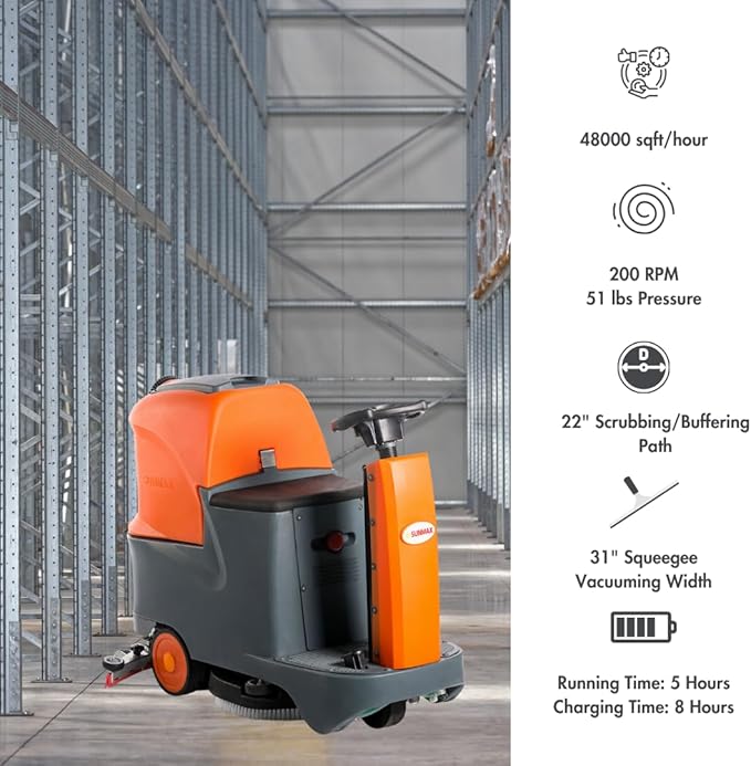 Ride-On Commercial and Industrial Floor Scrubber Machine, 22" Brush, 31" Squeegee, 18.5 gal Tanks, 5 Hour Continuous Working Time, 200 RPM, 48,000 Sqft/H, Batteries Included