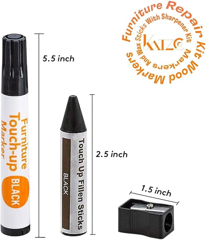 13-Piece Wood Stain and Scratch Repair Kit by Katzco - Furniture Markers and Wax Sticks - Covers Scratches, Stains and Scuffs on Floors, Cabinets and Desks - Includes Sharpener