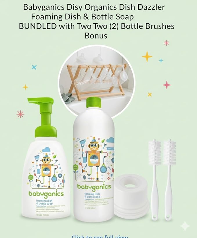 LuxProdX Baby ganics 16 Ounce Dish Dazzler Foaming Dish and Bottle Soap with Refill Kit BUNDLED with Two (2) Bottle Brushes BONUS