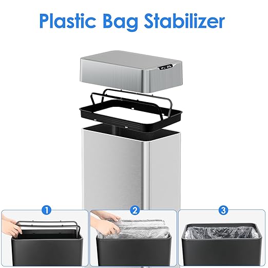 TLSUNNY 21.1 Gallon Automatic Trash Can, Stainless Steel Motion Sensor Garbage bin, Smart Trash Can W/Butterfly Lid, Bag Retainer Ring and Display Light for Living Room,Kitchen,Office (Silver, 80L)