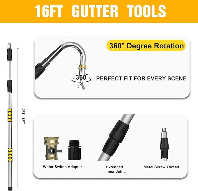 Gutter Cleaning Tools from The Ground, 24FT Reach Rain Cleaner with Bendable Wand and Quick Connect Adapter for Garden Hose