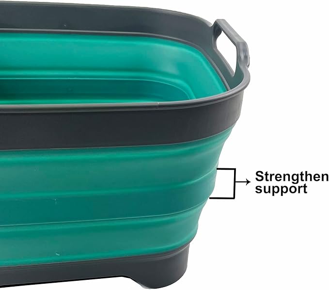 SAMMART 10L (2.64 Gallon) Collapsible Dishpan with Draining Plug - Foldable Washing Basin - Portable Dish Washing Tub - Space Saving Kitchen Storage Tray (Grey/Turquoise Blue)