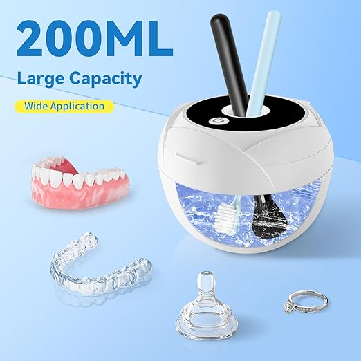 Dental Ultrasonic Retainer Cleaner Machine - 45kHz Cleaning Pod for Dentures, Mouth Guard, Aligner, Night Guard, Toothbrush Heads & Jewelry, 4 Cleaning Modes, Digital Timer, 200ML Capacity, White