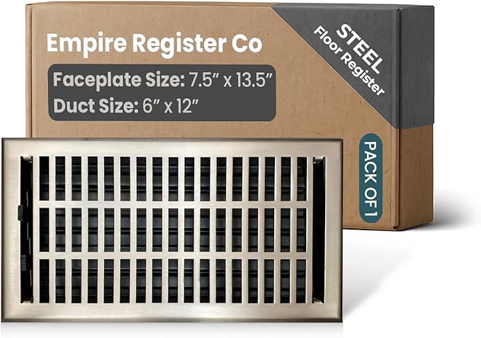 Empire Register Co, Vent Cover - 6x12 inch, Modern Contemporary Design, Brushed Nickel Finish, Heavy Duty Floor Vent Covers, Metal Damper Attached Vent Covers for Home Floor only
