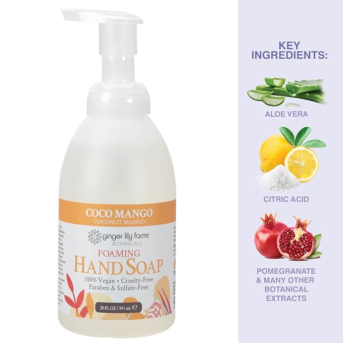 Ginger Lily Farms Botanicals All-Purpose Foaming Hand Soap Refill, Coco Mango, 100% Vegan & Cruelty-Free, Coconut Mango Scent, 20 Fl Oz (Pack of 8)