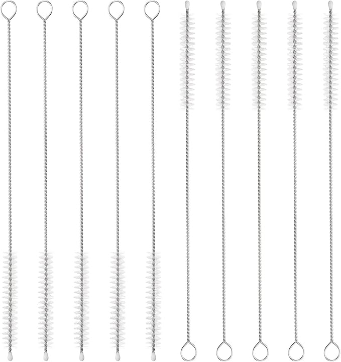 HARFINGTON Straw Cleaner Brush Set, 8 Inch Length 304 Stainless Steel and Nylon Bristles for Water Bottle Silicone Straw Sippy Cup Pipes, White (8mm OD, 10-Piece-Set)