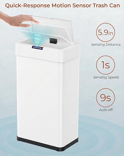 TLSUNNY 16 Gallon Motion Sensor Trash Can,Touchless Automatic Garbage Can,Brushed Stainless Steel Smart Bin,with Bag Holder,Soft Close Lid,for Kitchen,Office,RV,Bedroom,Living Room (White, 60L)