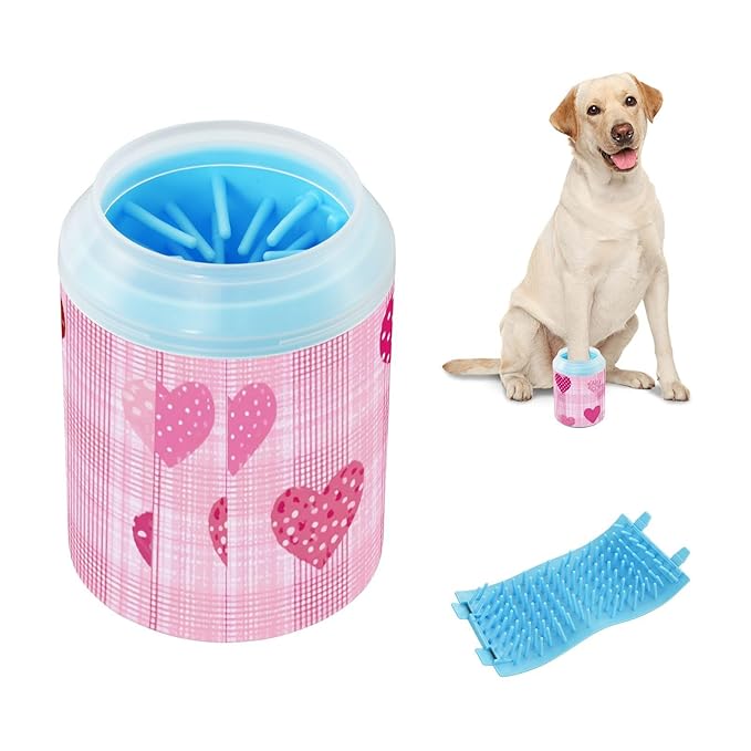 Dog Paw Cleaner Cups for Dogs Pet Foot Washer Paw Scrubber for Small Medium Large Dogs Cats Cleaning Cup Pink Plaid Dotty Hearts