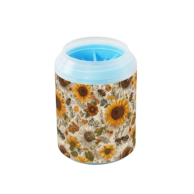 Dog Paw Cleaner Cups for Dogs Pets Foot Washer Paw Scrubber for Medium Small Cats Dogs Cute Cleaning Cup Beige Bees Sunflowers Daisy