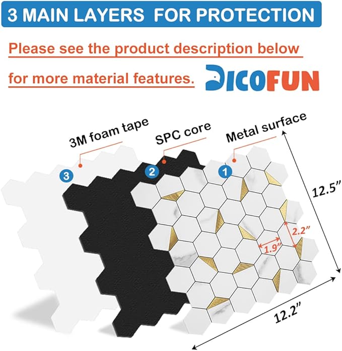 DICOFUN 1 Hexagon Tile Peel and Stick Backsplash, White Marble Look PVC Mixed Golden Metal Mosaic Tiles