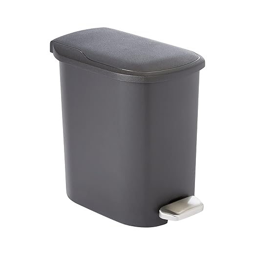 Amazon Basics Compact Plastic Bathroom Trash Can with Hands Free Foot Pedal, Quiet Close Step-On, 6 Liters, Black, Lid Included (Pack of 6)