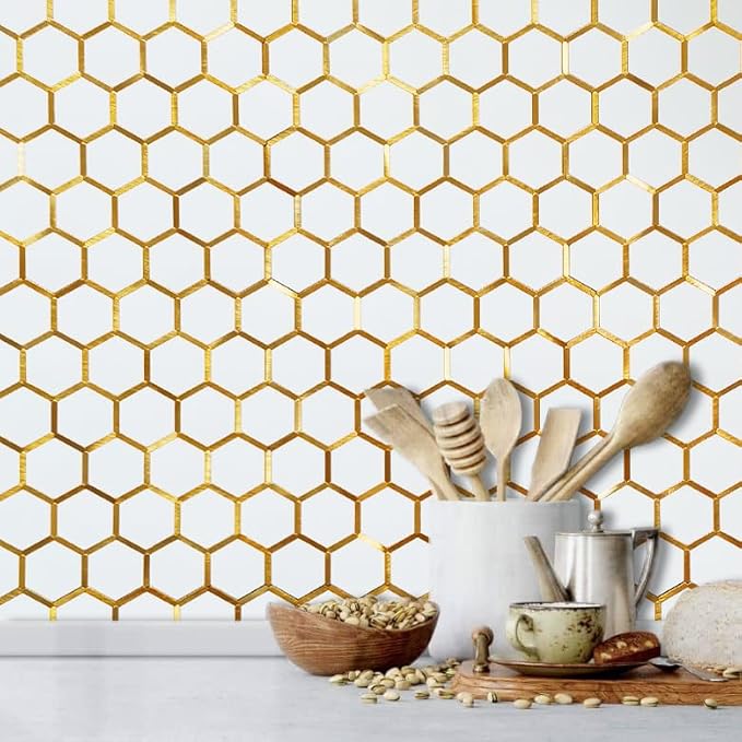 DICOFUN 1 Sheet Hexagon Peel and Stick Backsplash Tile, Polished White Tile Look Mixed Gold Kitchen Backsplash Peel and Stick Wall Tiles