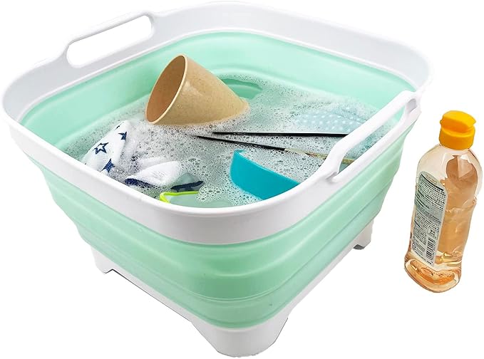 SAMMART 10L (2.64 Gallon) Collapsible Dishpan with Draining Plug - Foldable Washing Basin - Portable Dish Washing Tub - Space Saving Kitchen Storage Tray (White/Pale Jade)