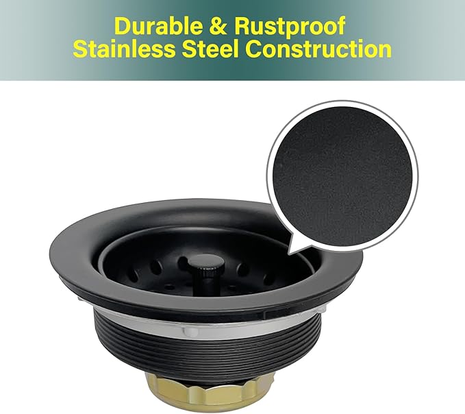 Kitchen Sink Drain Assembly 3-1/2 Inch - Kitchen Sink Strainer Stainless Steel Basket with Stopper - Rustproof & Leak-Proof Design for Standard American Drain Holes, Black