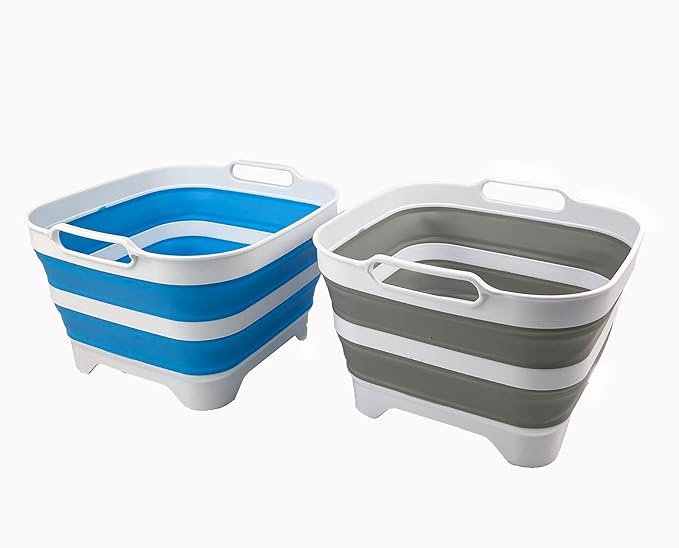 SAMMART 10L (2.64 Gallon) Collapsible Dishpan with Draining Plug - Foldable Washing Basin - Portable Dish Washing Tub - Space Saving Kitchen Storage Tray (Grey + Aqua Blue (Set of 2))