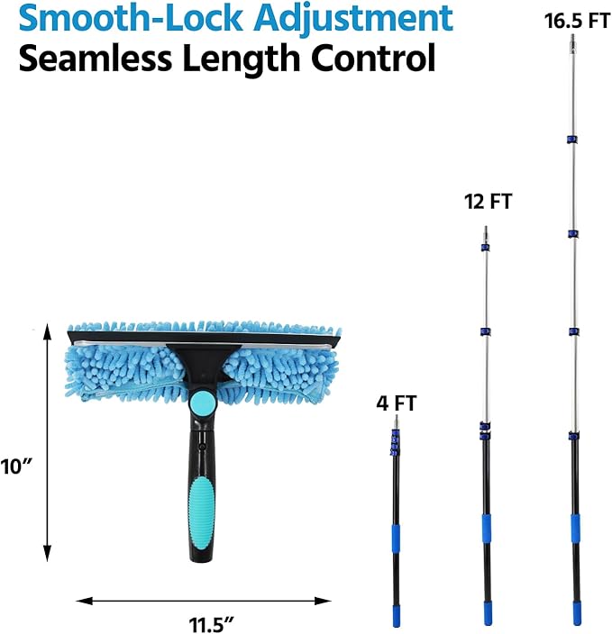 23FT High Reach Window Squeegee with Extension Pole, 2 in 1 Shower Squeegee for Glass Doors with 5-Stage 4-16.5 ft Telescoping Pole, Window Cleaner Tool for Shower Glass Home Car