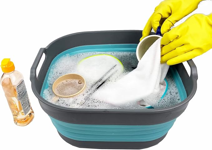 SAMMART 10L (2.64) Collapsible Plastic Dishpan - Foldable Washing Basin - Portable Dish Washing Tub - Space Saving Kitchen Storage Tray (Grey/Crystal Blue)