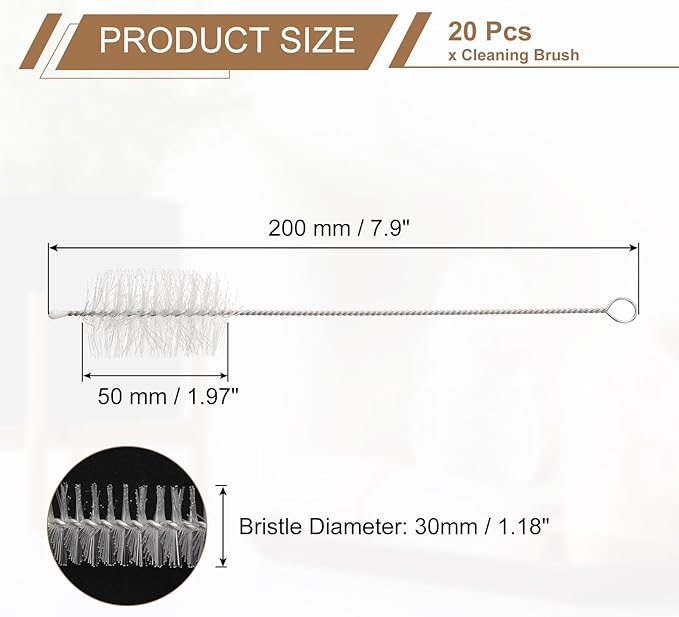 HARFINGTON Straw Cleaner Brush Set, 8 Inch Length 304 Stainless Steel and Nylon Bristles for Water Bottle Silicone Straw Sippy Cup Pipes, White (30mm OD, 20-Piece-Set)