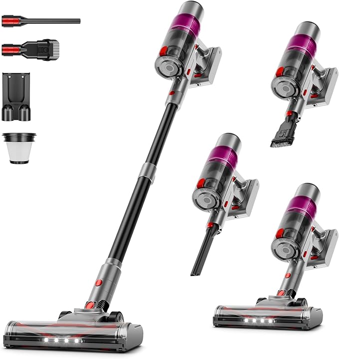 Cordless Vacuum Cleaner: 40KPA Powerful Suction Cordless Stick Vacuum Cleaners for Home, Anti-Tangle Brush, Lightweight, 6-in-1 Rechargeable Vacuum for Pet Hair/Carpet/Hard Floor(Purple)