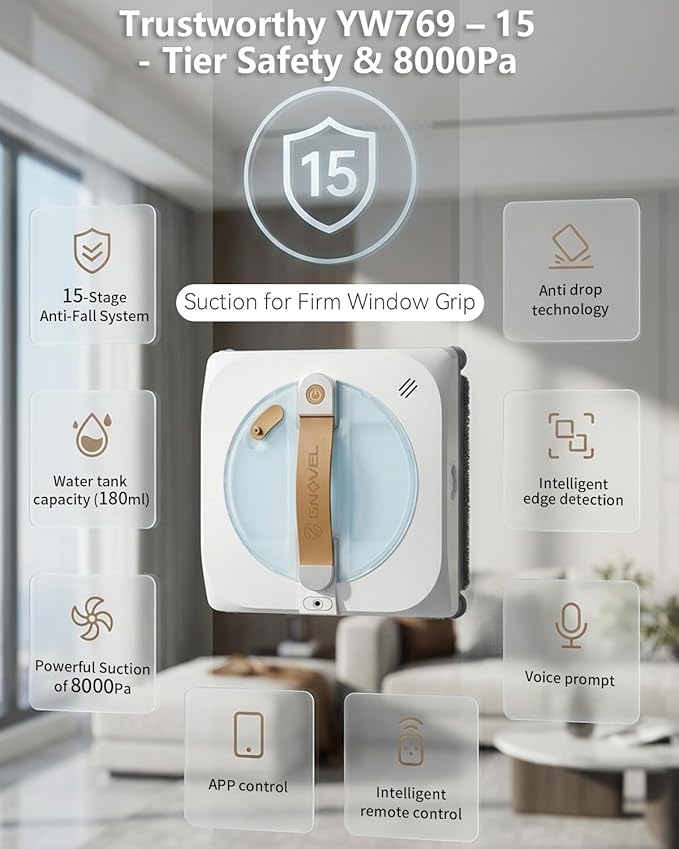 Window Cleaning Robot with 8000Pa, 2025 Upgraded Window Cleaner Robot with Intelligent Path Planning, 15-Stage Anti-Fall, App/Remote Control for Glass, Edge Detection System, Tile & Windows
