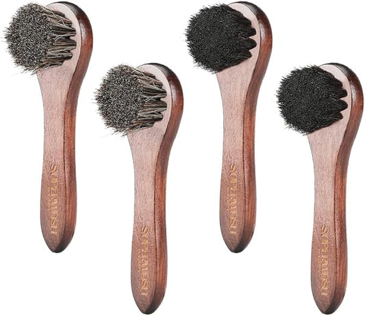Horsehair Shoe Polish Applicator Brush, Soft Horse Hair Bristles Dauber Leather Care Brush for Shoes, Boots, Bags - 2 Pack Grey Bristle + 2 Pack Black Bristle Brush Included