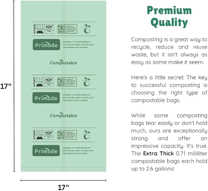 Compost Bags, Compostable Trash Bags 2.6 Gallon Compostable Bags, Small Compost Bags for Countertop bin Extra Thick 0.71 Mil. ASTM D6400 Certified By BPI and TÜV AUSTRIA (2.6 Gallon, 200 Units)