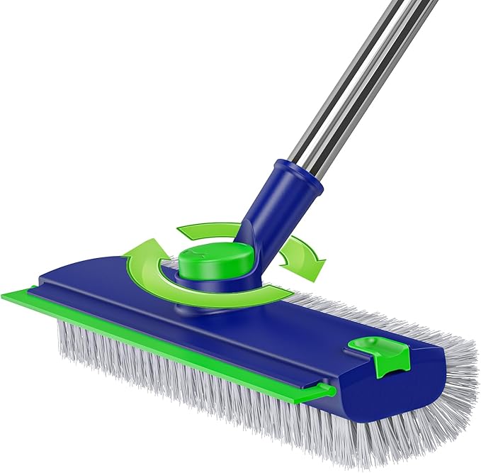 Floor Scrub Brush with Long Handle: 3 in 1 Heavy-Duty Floor Scrubber Brush with Squeegee for Cleaning Tile Bathroom Deck Kitchen Patio - Blue
