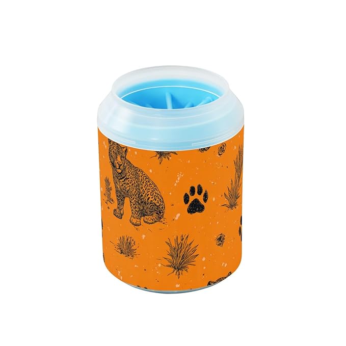 Dog Paw Cleaner Cups for Dogs Pet Foot Washer Paw Scrubber for Small Medium Large Dogs Cats Cleaning Cup Orange Leopards Paw Prints