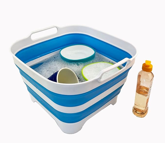 SAMMART 10L (2.64 Gallon) Collapsible Dishpan with Draining Plug - Foldable Washing Basin - Portable Dish Washing Tub - Space Saving Kitchen Storage Tray (Grey + Aqua Blue (Set of 2))