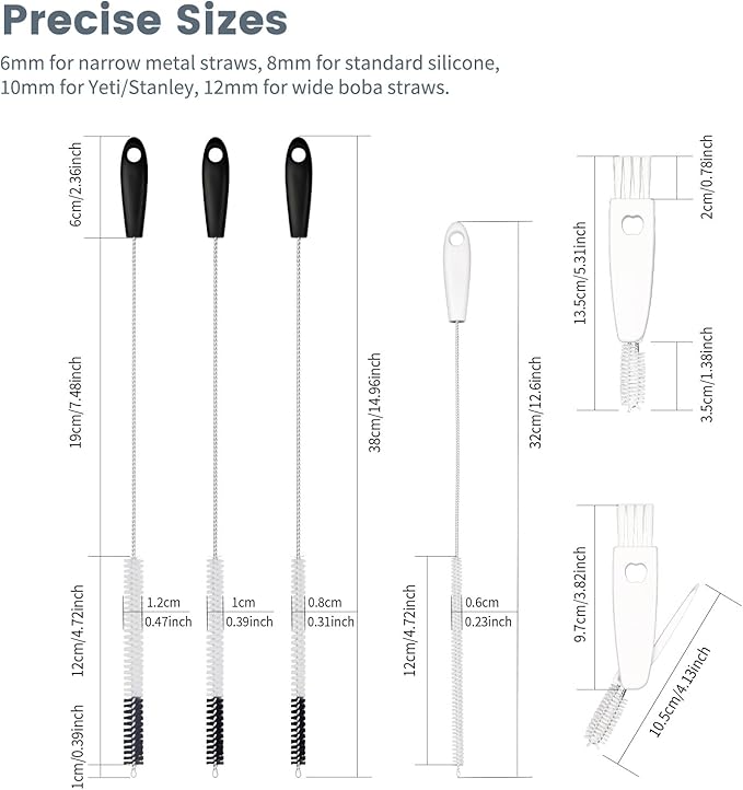 5 Pack Straw Cleaning Brush Set, 15" Extra Long Straw Cleaner Brush, 4 Sizes Reusable Straw Cleaner Brush, 3-In-1 Cup Lid Cleaning Brush for Stanley/Owala/Yeti/Hydro, Sturdy Brush Bristles(Black)