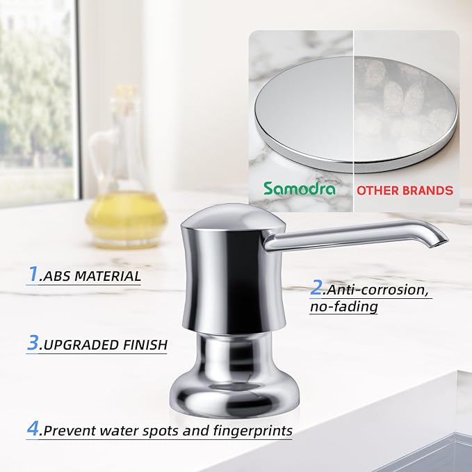 SAMODRA Built in Kitchen Sink Soap and Chrome Lotion Dispenser Built in Design for Counter Top with Large 12 OZ Liquid Soap Bottle
