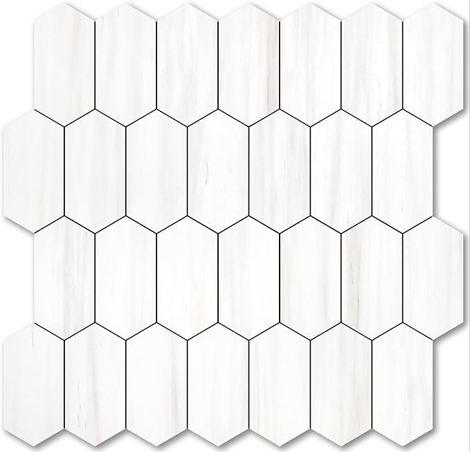 Vamos Tile Long Hexagon Peel and Stick Backsplash Tile - 10 Sheets Stick on Backsplash for Kitchen and Bathroom 12.4 x 12 Inch Dolomite Marble Look PVC Self Adhesive Mosaic Wall Tiles