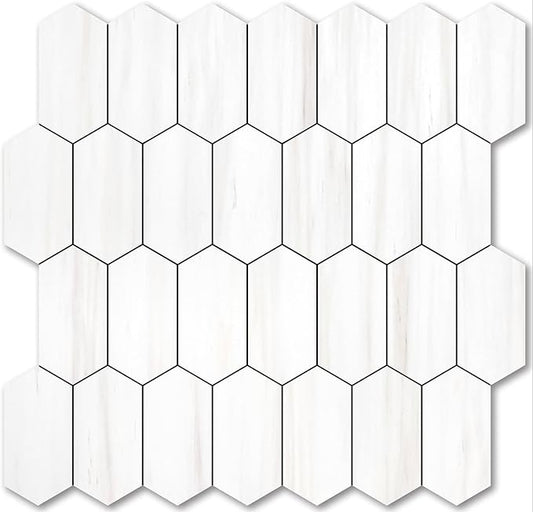 Vamos Tile Long Hexagon Peel and Stick Backsplash Tile - 10 Sheets Stick on Backsplash for Kitchen and Bathroom 12.4 x 12 Inch Dolomite Marble Look PVC Self Adhesive Mosaic Wall Tiles