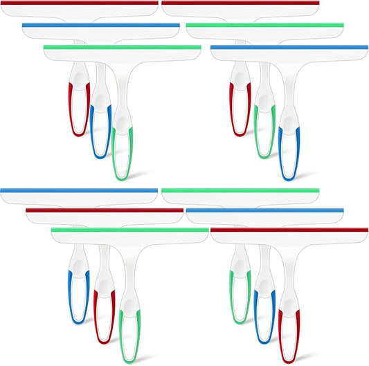 Dandat 12 Pcs Squeegee for Shower Glass Door 9.8'' Small Silicone Shower Squeegee for Doors Bulk with Hanging Hole for Bathroom Car Mirror Tile(Red, Blue, Green)