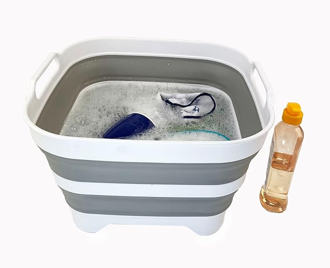 SAMMART 10L (2.64 Gallon) Collapsible Dishpan with Draining Plug - Foldable Washing Basin - Portable Dish Washing Tub - Space Saving Kitchen Storage Tray (White/Grey/White)