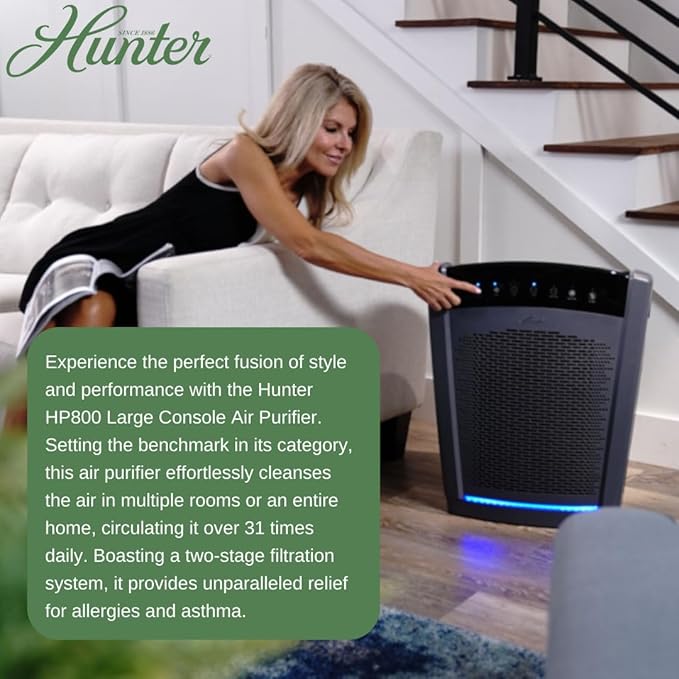 Hunter HP800 Air Purifiers for Home Large Room and Bedroom. True HEPA Air Purifier for Pets, Odors, Allergens, Smoke, Dust, VOC's. 4 Fan Speeds, Quiet Sleep Mode. Cleans 2585 Ft² per Hour. White