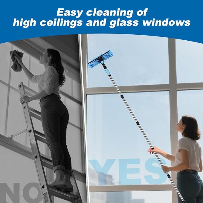 Window Squeegee Cleaner Tool with Extension Pole: 2-in-1 Window Cleaning Kit - 86.6 Inch Telescopic Long Window Cleaning Tool for High Windows Car Glass - with 2 Microfiber Cloth & Squeegee Blade
