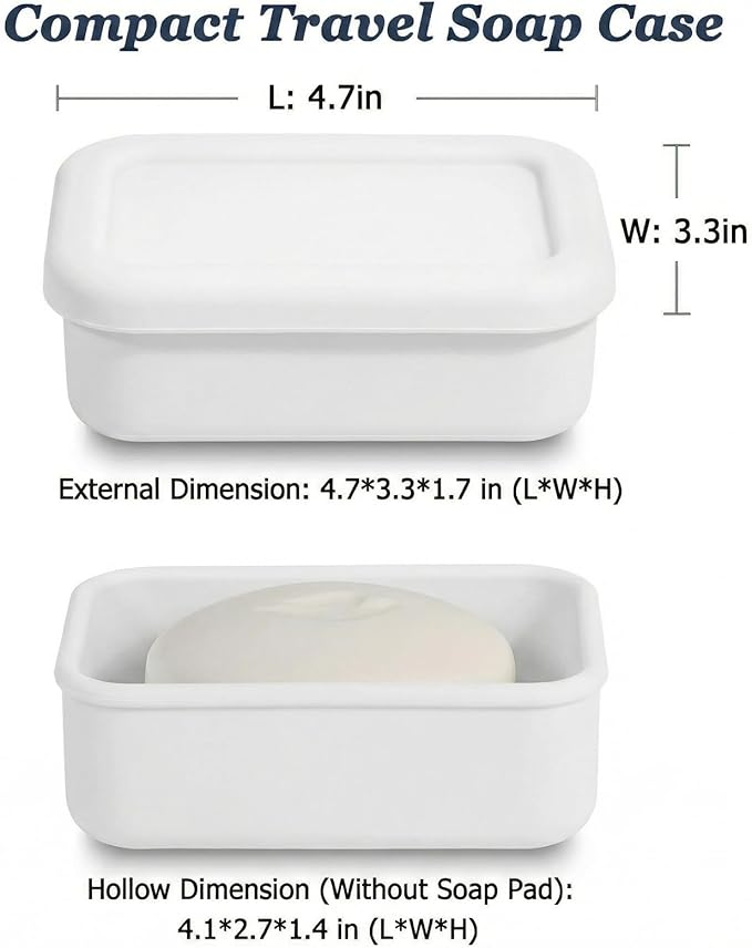 Leak Proof Silicone Travel Soap Case with Draining Tray - Bar Soap Holder for Travel, Gym & Camping - Mess-Free Portable Soap Container for Carry-on Bags (White)