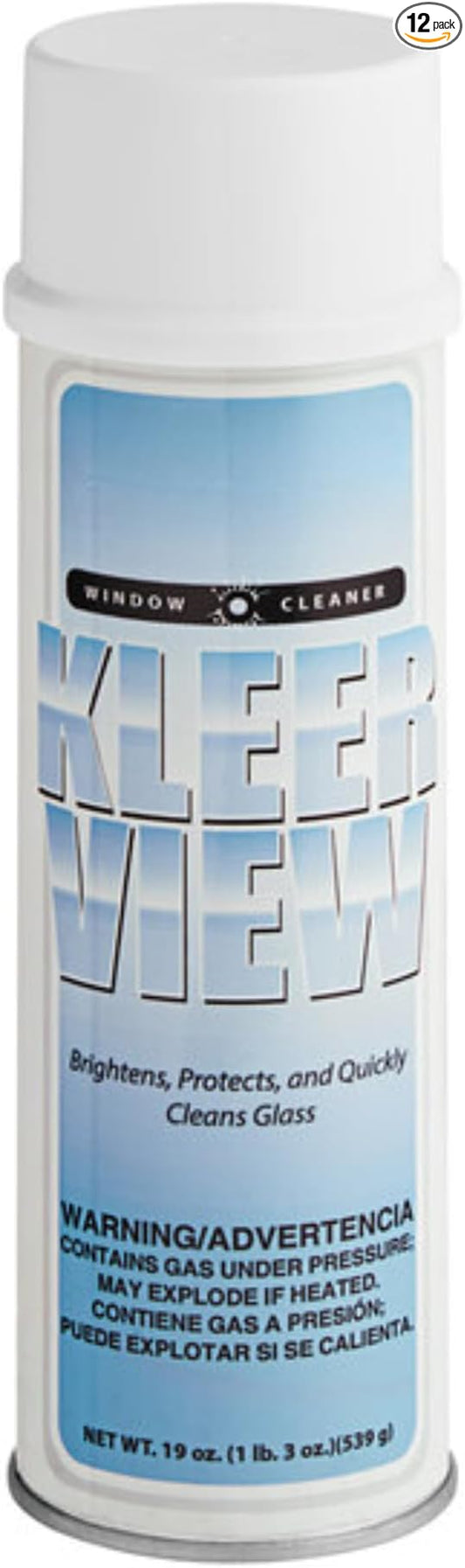 Kleer View Glass Cleaner, 19 oz, Aerosol, Streak-Free, Ready-to-Use, 12 Pack