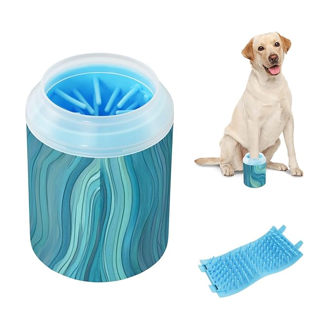 Dog Paw Cleaner Cups for Dogs Pets Foot Washer Paw Scrubber for Medium Small Dogs Cats Cleaning Cup Liquid Seal Pattern Blue