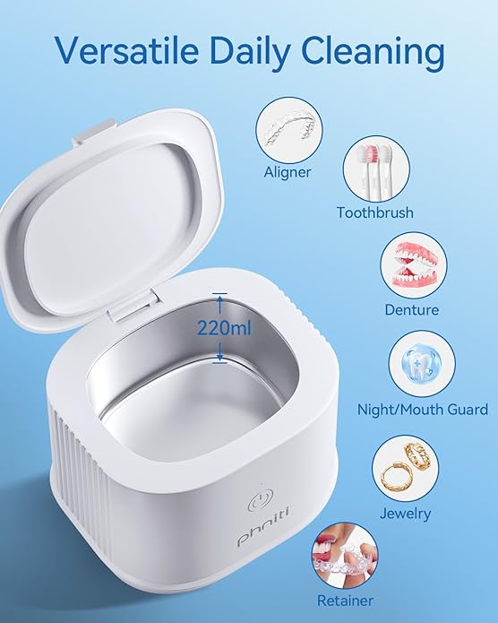 Phniti Ultrasonic Cleaner, 46kHz Ultrasonic Retainer Cleaner Professional Ultrasonic Jewelry Cleaner Machine with Timer for Dental Retainer, Mouth Guard, Watch, Ring, Diamond, White