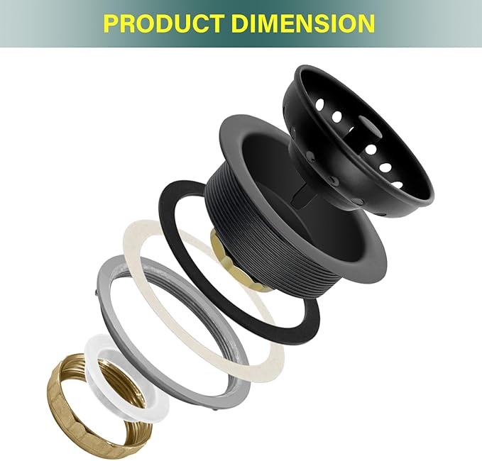 Kitchen Sink Drain Assembly 3-1/2 Inch - Kitchen Sink Strainer Stainless Steel Basket with Stopper - Rustproof & Leak-Proof Design for Standard American Drain Holes, Black